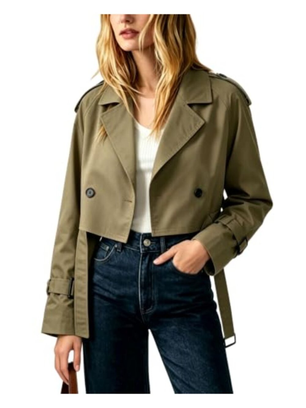 Women's Cropped Trench Coat Double Breasted Belted Casual Jacket